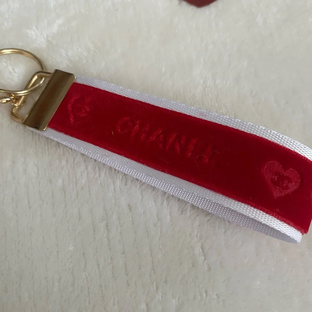 CHANEL Ribbon Red Heart Keychain